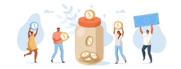 People Character Donate Money for Charity. Volunteers Collecting and Putting Coins and Banknotes in Donation Jar. Financial Support and Fundraising Concept. Flat Isometric Vector Illustration.